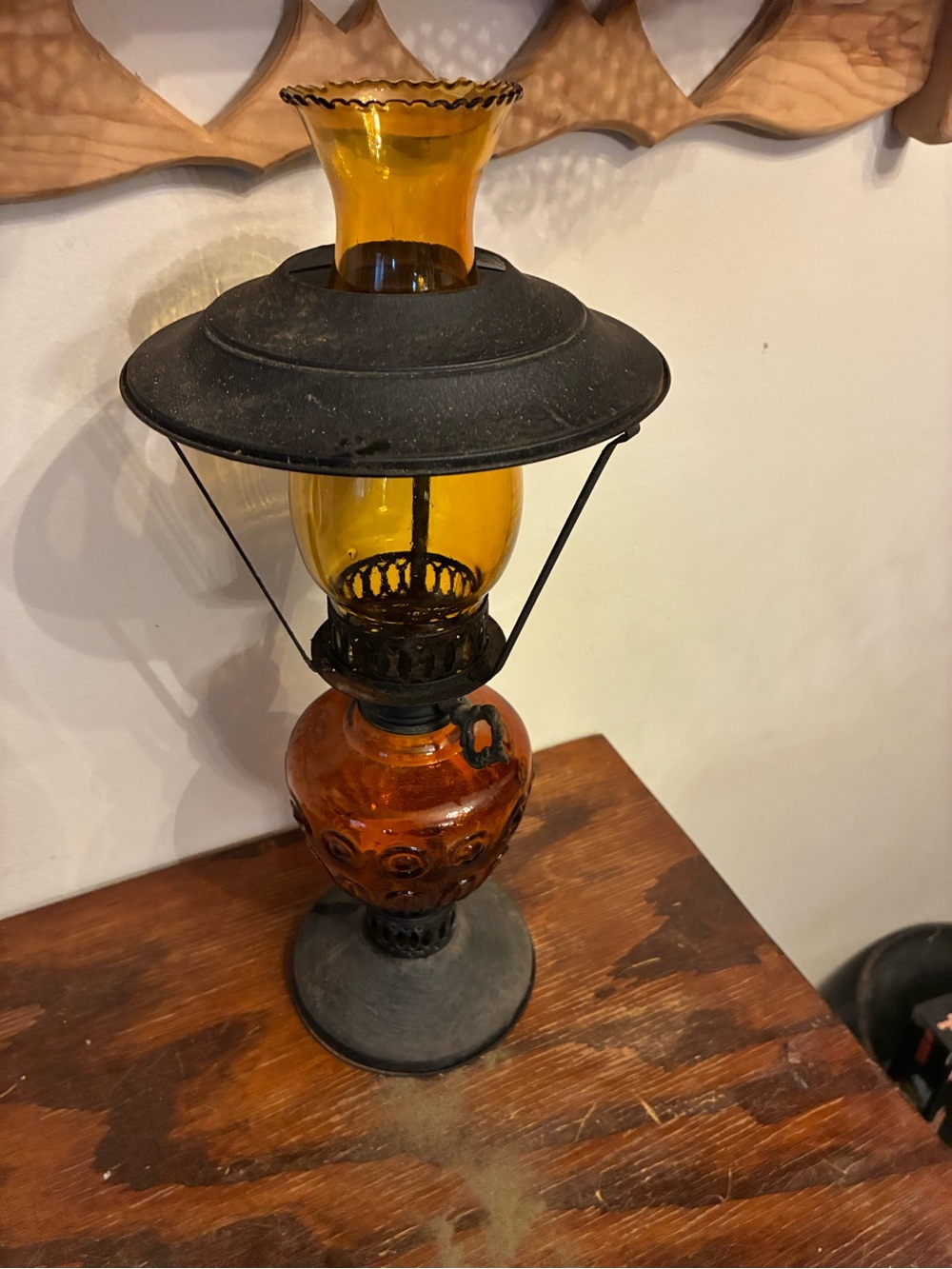 Vintage Amber Glass Hurricane Lamp with Black Metal Accents